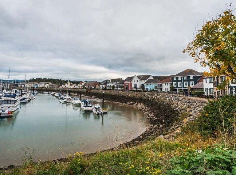 View of a marina with a stone breakwater and houses behind