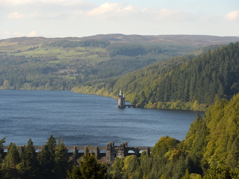 Lake Vyrnwy reservoir from above with surrounding woodland