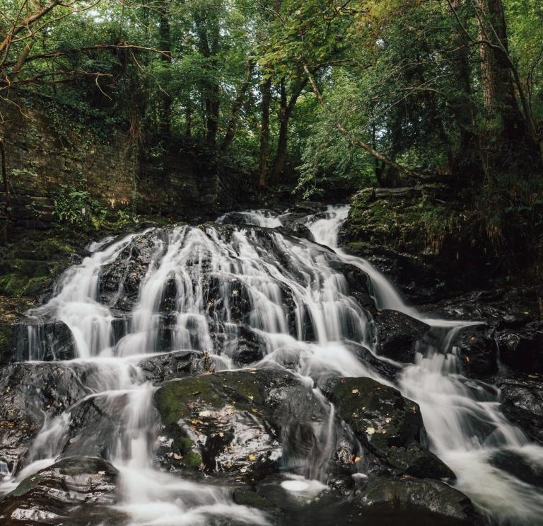 Rhaeadr yn llif llawn, gyda choed o amgylch.