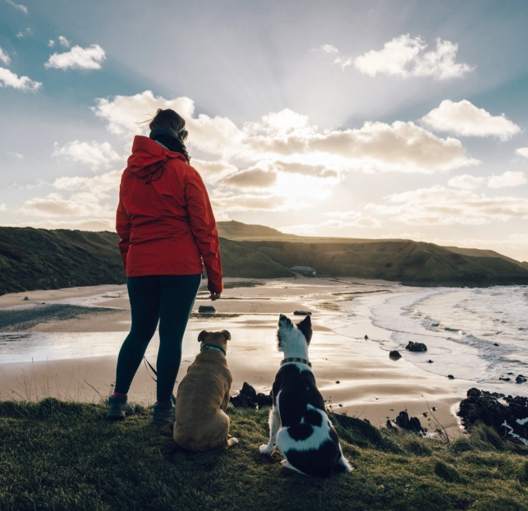 Person mewn siaced goch yn sefyll gyda dau gi yn edrych allan ar fae tywodlyd.