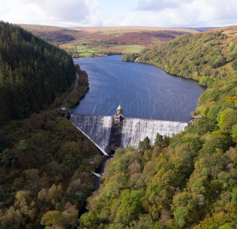 Llun o'r awyr o'r afon a ddaliwyd yn ôl gan yr argae wedi'i amgylchynu gan goedwig.